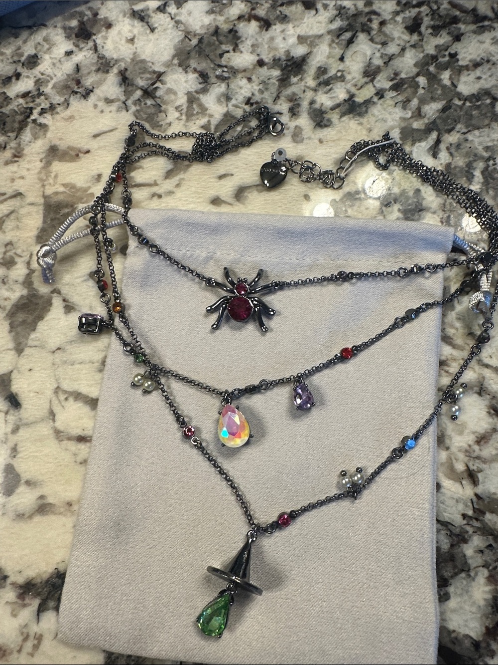 HalloweenGunmetal Multi-Charm Layered Necklace with Red Spider and Green Pendant
